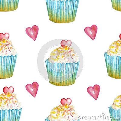 Watercolor pattern with cupcakes with pink heart Stock Photo