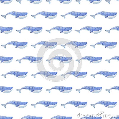 Watercolor pattern illustration, blue whale, cute, gentle, Cartoon Illustration