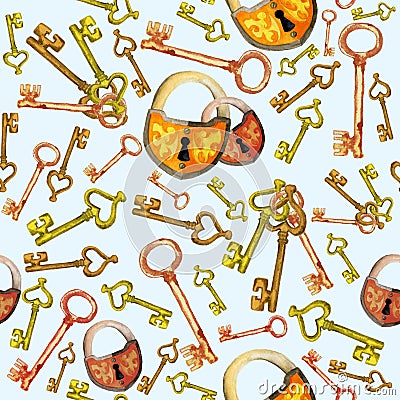 Watercolor pattern with keys and lock Stock Photo