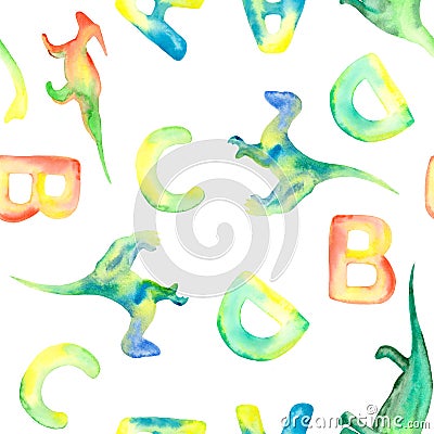 Watercolor pattern with letters and leaves Stock Photo