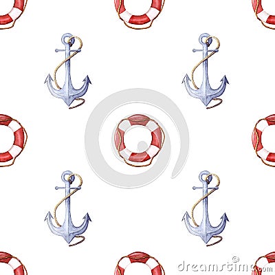 Watercolor pattern of life-ring and anchor. lifebuoy with rope and anchor with rope seamless pattern Cartoon Illustration