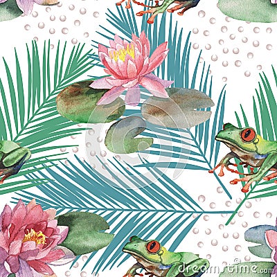 Watercolor pattern of lotus flower and frog Cartoon Illustration