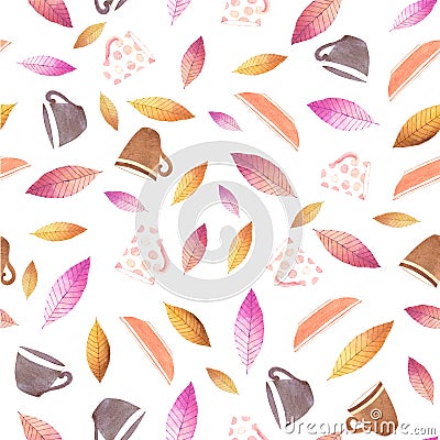 Seamless pattern with multicolored mug and tea leaves on white background Stock Photo
