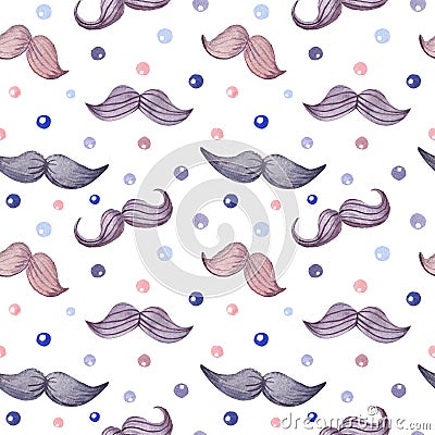 Watercolor pattern with mustache and dots on white background for boys and gentlemen Stock Photo