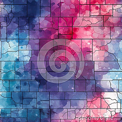Watercolor pattern of Nebraska map with gridded abstractions and stained glass effect (tiled Stock Photo