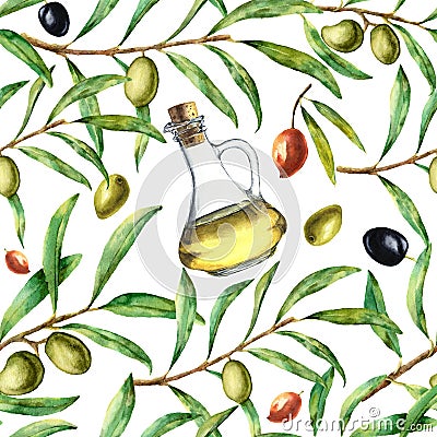 Watercolor pattern with olives. Hand painted seamless ornament with olive berry, olive oil and tree branches with leave Stock Photo