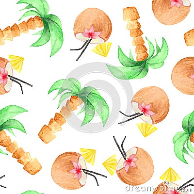 Watercolor pattern with palm girl with surf, surf, cocktail, coconut, shell, sunglasses. Stock Photo