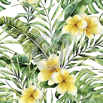 Watercolor pattern with plumeria, palm tree leaves. Hand painted exotic greenery branch. Botanical illustration. For Cartoon Illustration