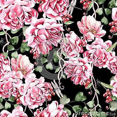 Watercolor pattern with rose and peony flower, currant berries and eucalyptus leaves. Stock Photo