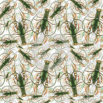 Watercolor pattern of seamless pattern on a marine theme and on a zodiac sign, cancer, lobster, river crayfish, green, detailed il Cartoon Illustration