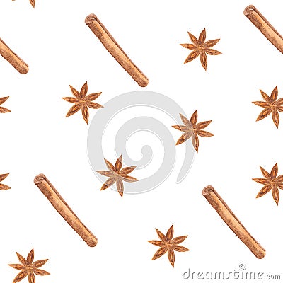 Watercolor pattern of spices cinnamon on a white background Stock Photo