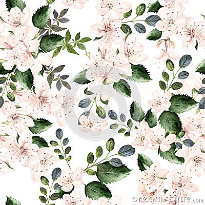 Watercolor pattern with spring flowers and green leaves. Stock Photo