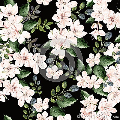 Watercolor pattern with spring flowers and green leaves. Stock Photo