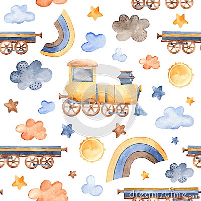 Watercolor pattern with the train. Stock Photo