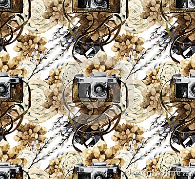 Watercolor pattern with vintage camera and succulents Stock Photo