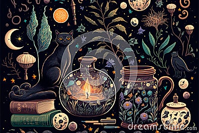 Watercolor pattern witches theme background , Generative AI Stock Photo