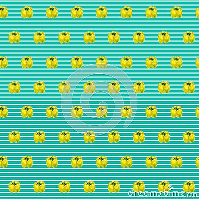 Watercolor pattern with yellow peppers on marine striped background.. Seamless background with bell peppers. Can be used Stock Photo