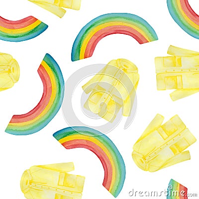 Watercolor pattern with yellow rain, umbrella, rainbow, raindrops . Stock Photo