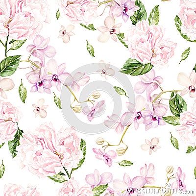 Watercolor patterns with orchids and peony. Stock Photo