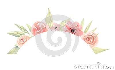 Watercolor Peach Coral Green Arrangement Frame Arch Pink Flowers Border Stock Photo