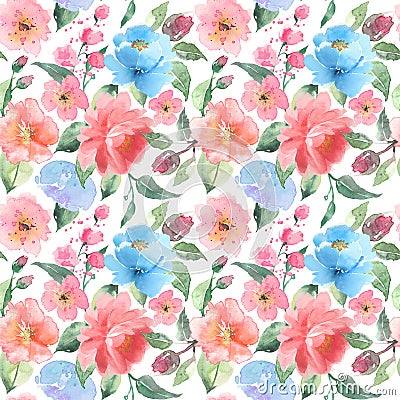 Watercolor peach and gentle blue flowers seamless pattern. Abstract painting background. Stock Photo
