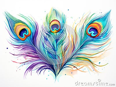 Watercolor Peacock Feather Isolated, Aquarelle Plumage, Creative Watercolor Exotic Feather Texture Stock Photo