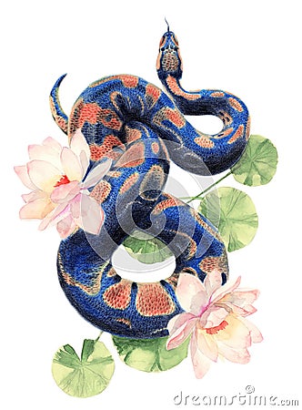Watercolor pencil illustration of a blue snake Cartoon Illustration
