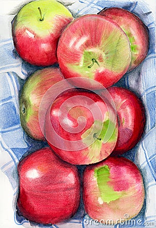 Watercolor pencil illustration of some red juicy apples Cartoon Illustration