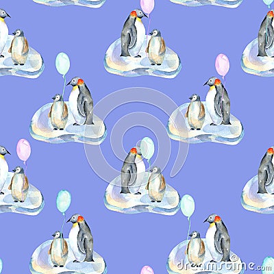 Watercolor penguins with air balloons on ice floes seamless pattern Stock Photo