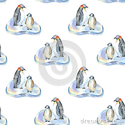 Watercolor penguins on ice floes seamless pattern Stock Photo