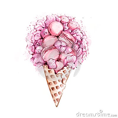 Watercolor peonies and macarons in waffle cone Cartoon Illustration