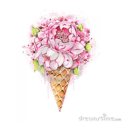 Watercolor peonies in waffle cone Cartoon Illustration