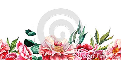 Watercolor peony Flower seamless buttom border in pastel pink and peach colors with green leaves and eucalyptus. Hand Cartoon Illustration