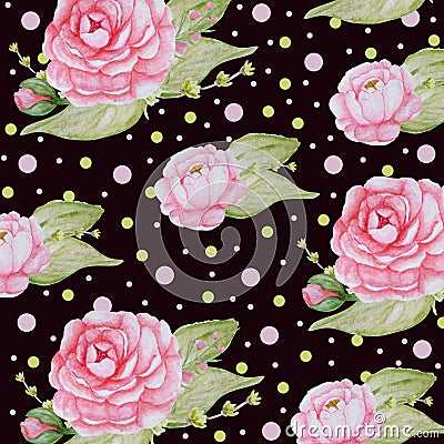 Watercolor Peony Flowers pattern, Pink Peonies texture, Romantic Scrapbook paper on dark brown background Stock Photo