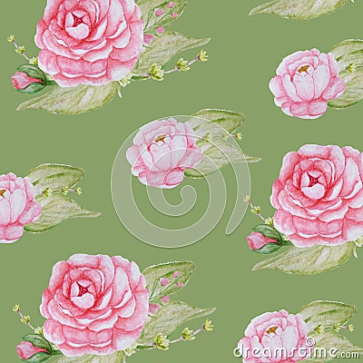 Watercolor Peony Flowers pattern, Pink Peonies texture, Romantic Scrapbook paper on green background Stock Photo