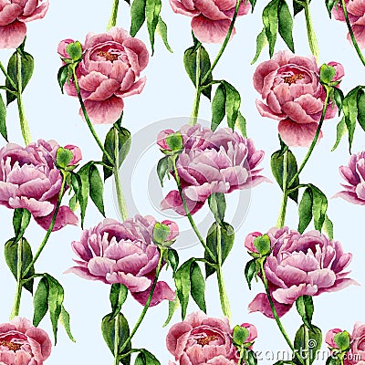 Watercolor peony flowers seamless pattern on blue background. Floral texture for design, textile and background. Botanical Cartoon Illustration