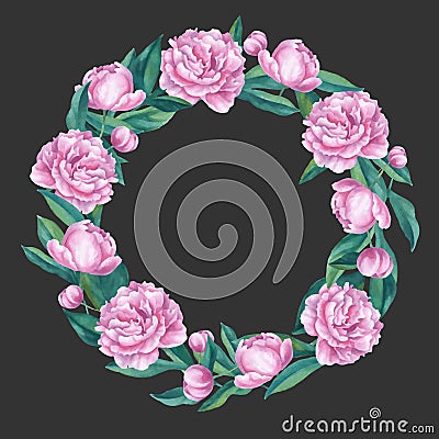 Watercolor peony wreath illustration. Round border. Vector Illustration