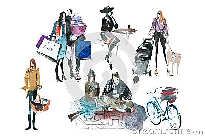 Watercolor people with shopping bags. Fashion, sale, autumn Stock Photo