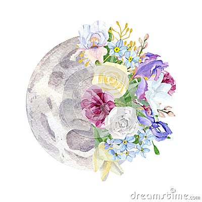 Watercolor phase of the moon with flower bouquet illustration logo design. Hand drawn rose, peony, iris, wildflower, leaves, twigs Cartoon Illustration