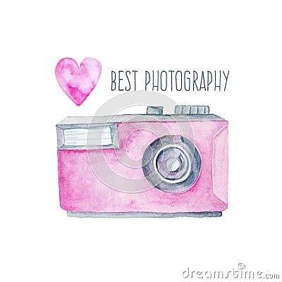 Watercolor photo camera and pink heart Stock Photo