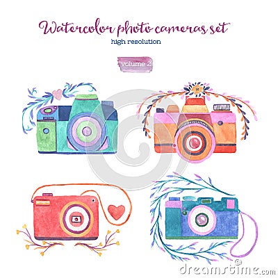 Watercolor photo cameras set Stock Photo