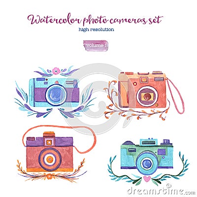 Watercolor photo cameras set Stock Photo