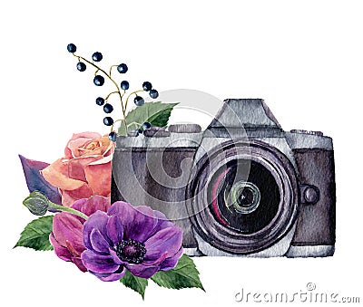 Watercolor photo label with flowers. Hand drawn photo camera with rose, berries, anemones and leaves isolated on white Stock Photo