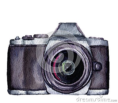 Watercolor photo label. Hand drawn photo camera on white background Stock Photo