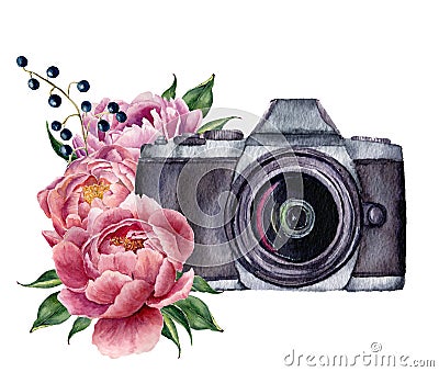 Watercolor photo label with peony flowers. Stock Photo