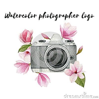 Watercolor photographer logo with vintage photo camera and magnolia flowers. Hand drawn spring illustration isolated on white back Cartoon Illustration