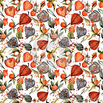 Watercolor physalis seamless pattern. autumn berry illustration. Cartoon Illustration