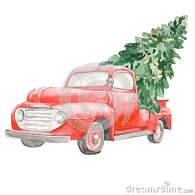 Watercolor pickup truck with Christmas tree, garland, New Year composition Stock Photo