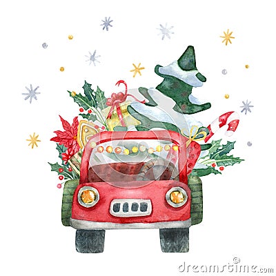 Watercolor pickup truck with Christmas tree and presents Cartoon Illustration