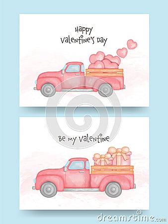 Watercolor of pickup truck with heart and gift box. Valentine`s Day Vector Illustration